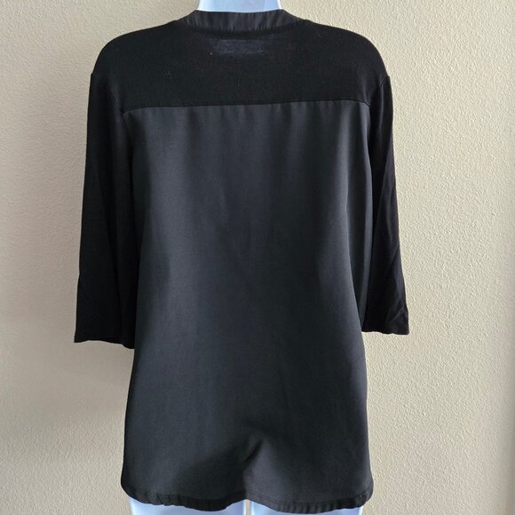 Black Mixed Media Henley Blouse w/ Satin Trim & Gold Buttons - Picture 2 of 3